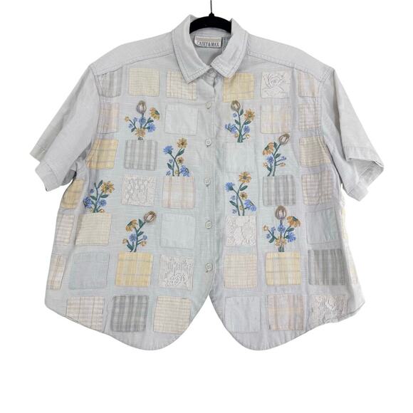 Vintage Casey & Max Button Blouse Women Large Crop Cottage Core Embroider white - Picture 2 of 7